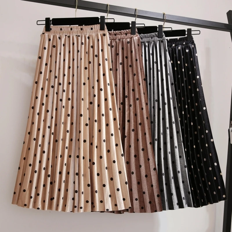 

Women Spring Autumn Pleated Skirts Saia Midi High Waist Faldas Mujer Moda Jupe Femme Vintage Plus Size Velvet Dots Ladies Skirt