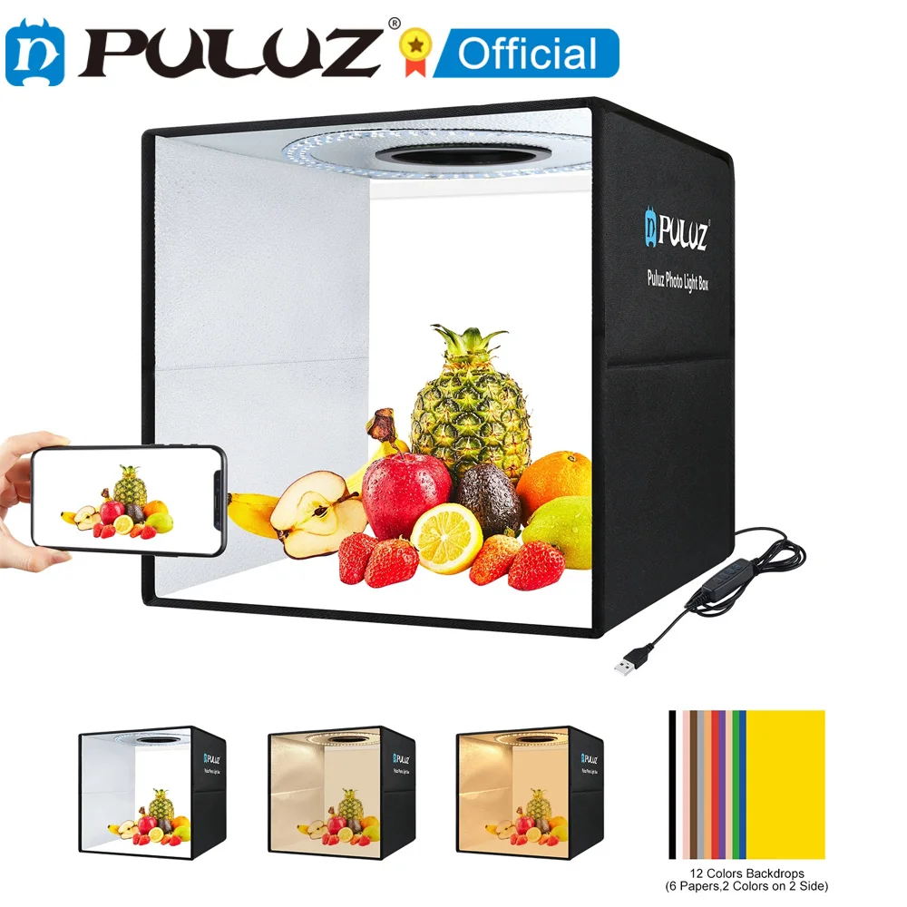 PULUZ 25 40cm Portable 3200K-6500K Ring LED USB Photo Lighting Desktop Shooting Tent Studio Box With 12 Color Backdrops Lightbox