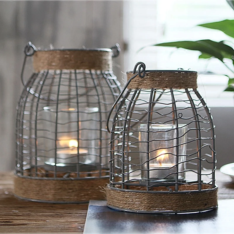 

American Simple Retro Iron Candle Holders Metal Lantern Creative Table Candlestick Tealight Portable Romantic Home Decor X6T251