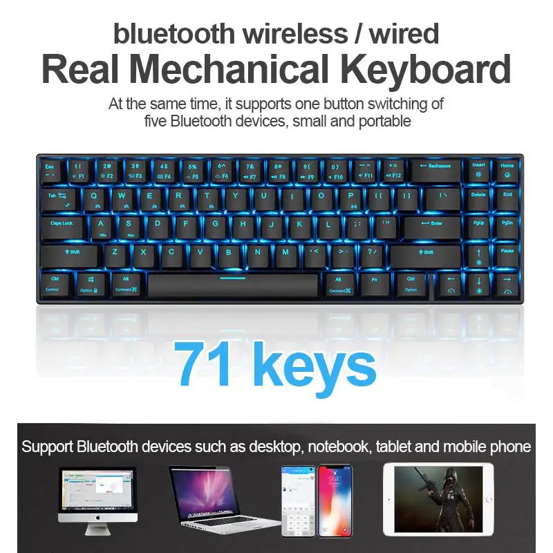 RK71 Mechanical Gaming Keyboard Royal Kludge Keyboard 71 Keys Small Bluetooth 3.0 Wireless USB Dual Mode RGB Backlight