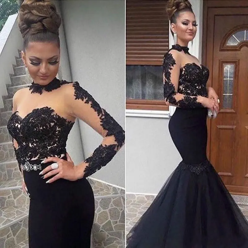 Black lace applique Full sleeves mermaid prom party dresses tulle long dress Vestido de Festa Robe De Soiree vestido de casament long prom dresses