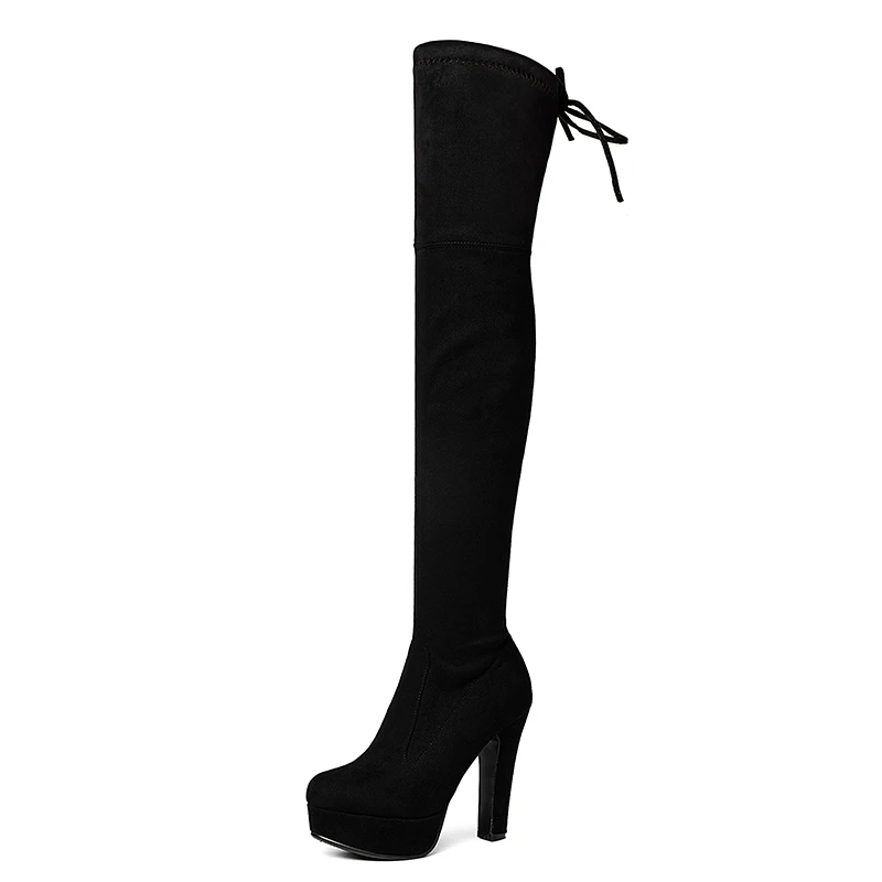 Lucyever/зимние сапоги на очень высоком каблуке женские пикантные Сапоги выше колена на массивной платформе со шнуровкой сзади женская обувь; большие размеры 34-43 - Цвет: Черный