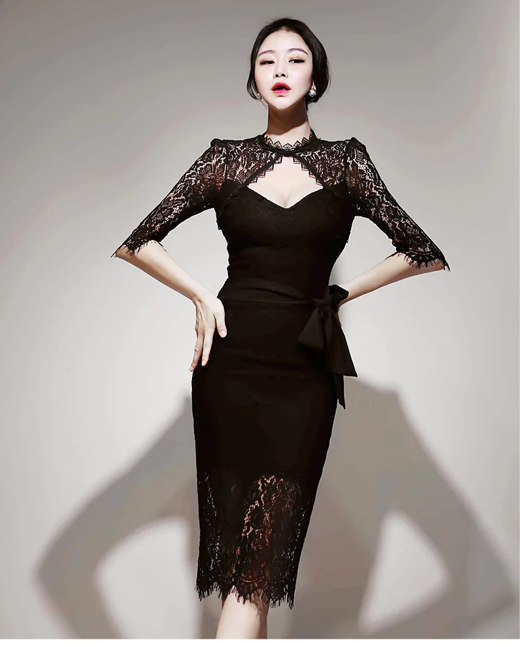 Autumn Hollow Out Lace Patchwork Black Sexy Vestidos Women's Bodycon Knee-Length Sheath Bowknot Party Dress