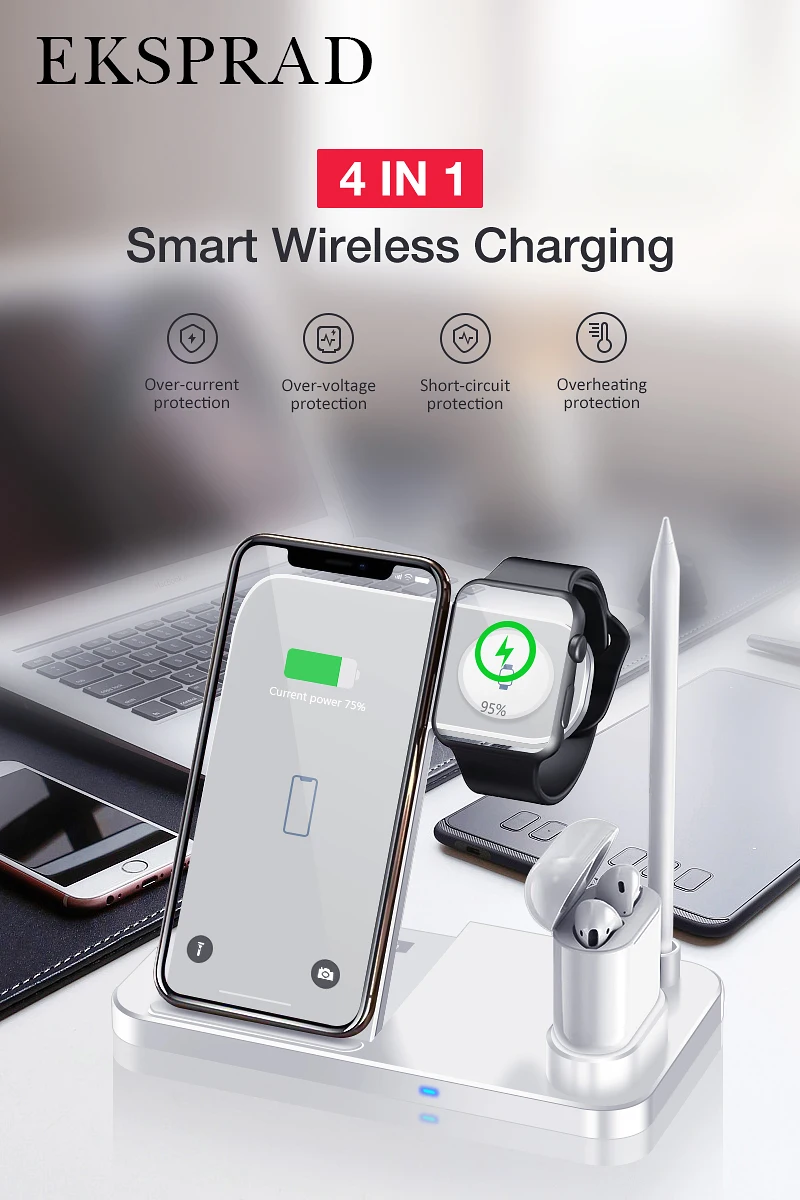 EKSPRAD 4 в 1 Беспроводное зарядное устройство 10 Вт Быстрая зарядка для iPhone 11/11pro/X/XS/XR/Xs Max для Apple Watch 5 4 3 2 Airpods Pencil Pad