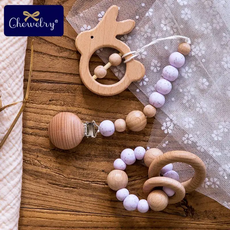 

2pc/Set Baby Pacifier Clip Chain Rattle Toy Food Grade Perle Silicone Beads Wooden Teether Rodent Soother Clasp Nurse Gifts Toys