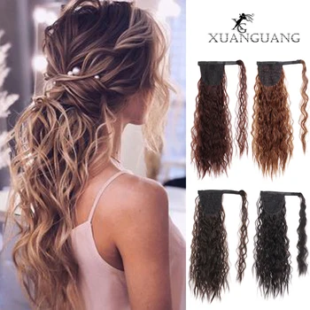 

XUANGUANG Loose Wavy Long Ponytail Synthetic Hair Piece Wrap on Clip Hair Extensions Brown Ponytail Blonde Fake Hair