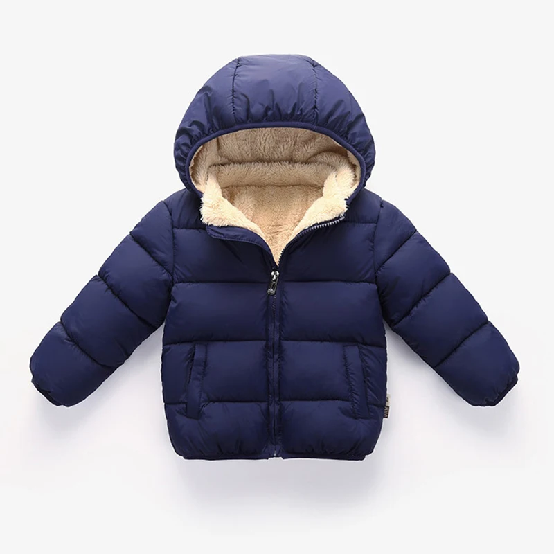 Navy Blue Новинка; сезон осень-зима; пальто для маленьких мальчиков и девочек; 5 цветов; утепленная детская верхняя одежда с капюшоном; хлопковая теплая одежда для малышей; куртка для новорожденных - Цвет: Navy Blue