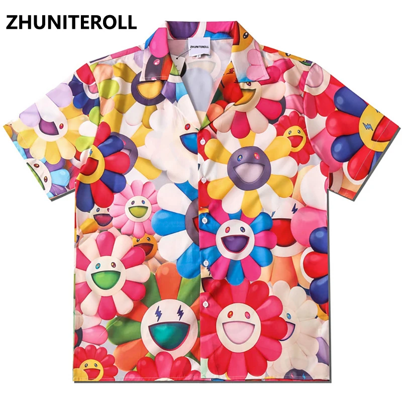 

Funny Men Shirt Hawaiian Smile Face Flower Print Hip Hop Shirts Streetwear Mens Harajuku Beach Shirt Casual Shirt Tops Couple