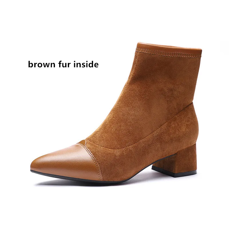 brown fur Женские ботинки; полусапожки из флока с острым носком на квадратном каблуке; зимние плюшевые пинетки; коллекция года; женские черно-бежевые Ботинки Martin без шнуровки - Цвет: brown fur