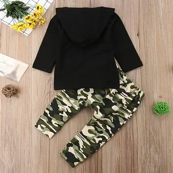 

2Pcs Baby Boys Clothes Sets Summer Hooded Casual T Shirt Letters Hooded Coat Tops Camouflage Pants Children Clothing Sets