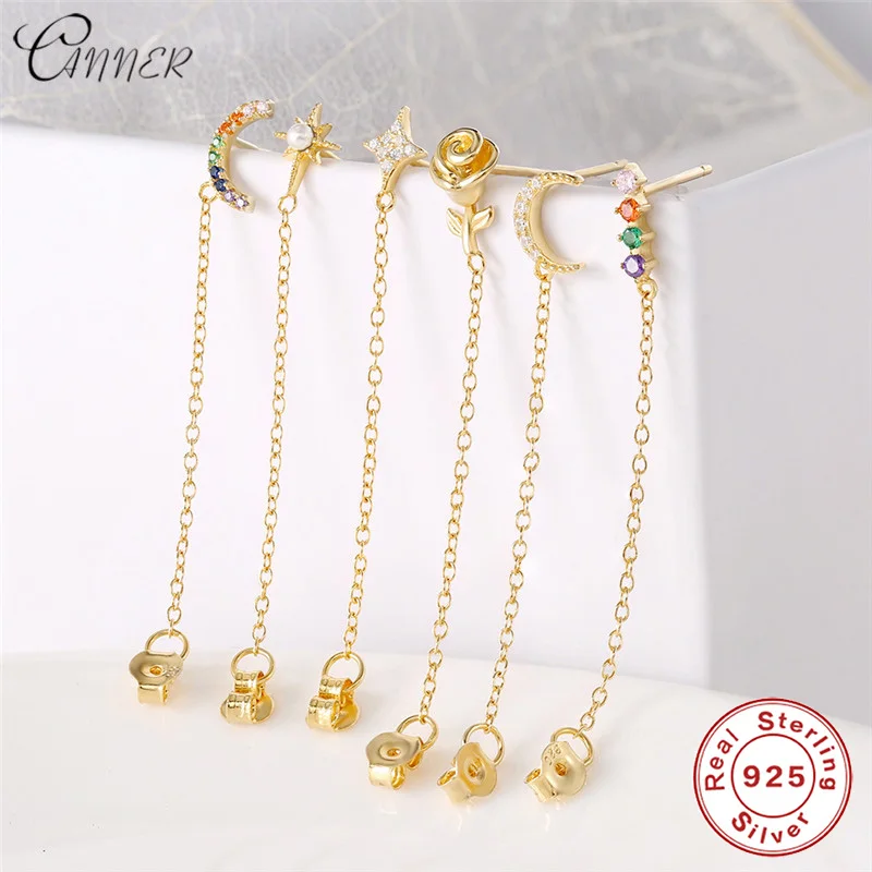 

CANNER Rainbow CZ Long Chain Drop Earrings Gold Moon Star Rose Flower Statement Dangle Earrings 925 Sterling Silver Jewelry 1Pcs