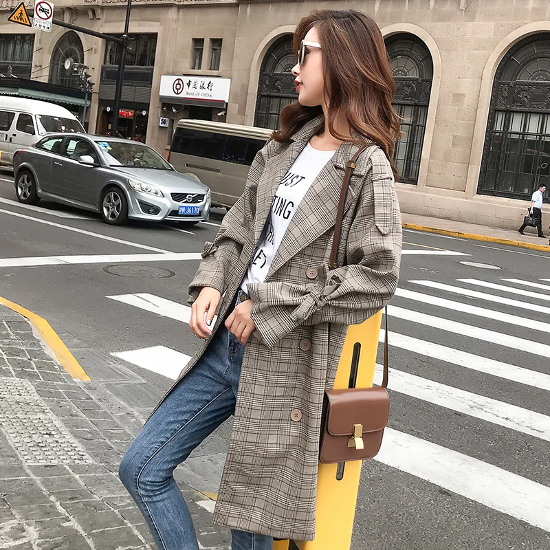 

Milinsus 2019 Autumn Plaid Women Classic Double Breasted Trench Coat Korean casual Mid long Female clothes Business Outerwear