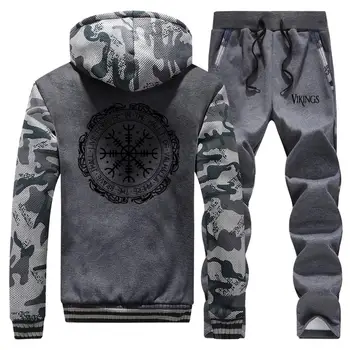 

Viking Streetwear Mens Hooded Raglan Camouflage New 2019 Winter Suit Vintage Print Coat Thick Casual Hoodie+Pants 2 Piece Set