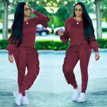 

Lugentolo Women's Two Piece Set Autumn Casual Suit Long Sleeve Wooden Ear Tops Solid Drawstring Long Pants Lady Sports Sets