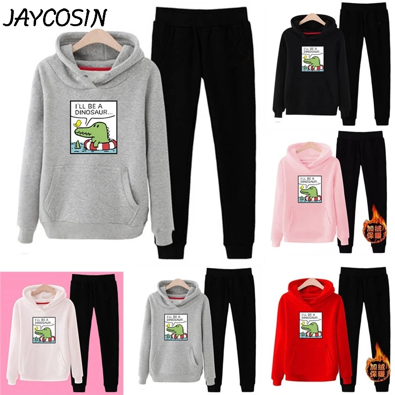

JAYCOSIN Tracksuit Women Sweatshirt I be a dinosaur Letter Long Sleeve Hooded Sweatershirt Tops Pants Set Sportswear Suits a28