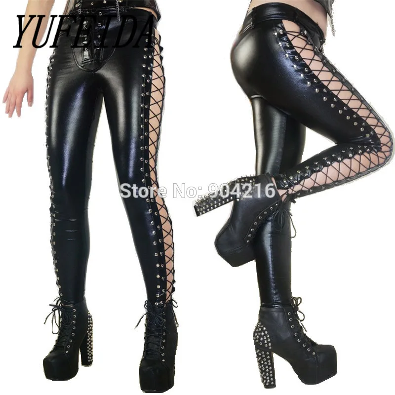 Женские длинные штаны из искусственной кожи на шнуровке, леггинсы в стиле панк-рок, искусственная кожа, открытая боковая уличная одежда, Клубная одежда, сексуальные брюки