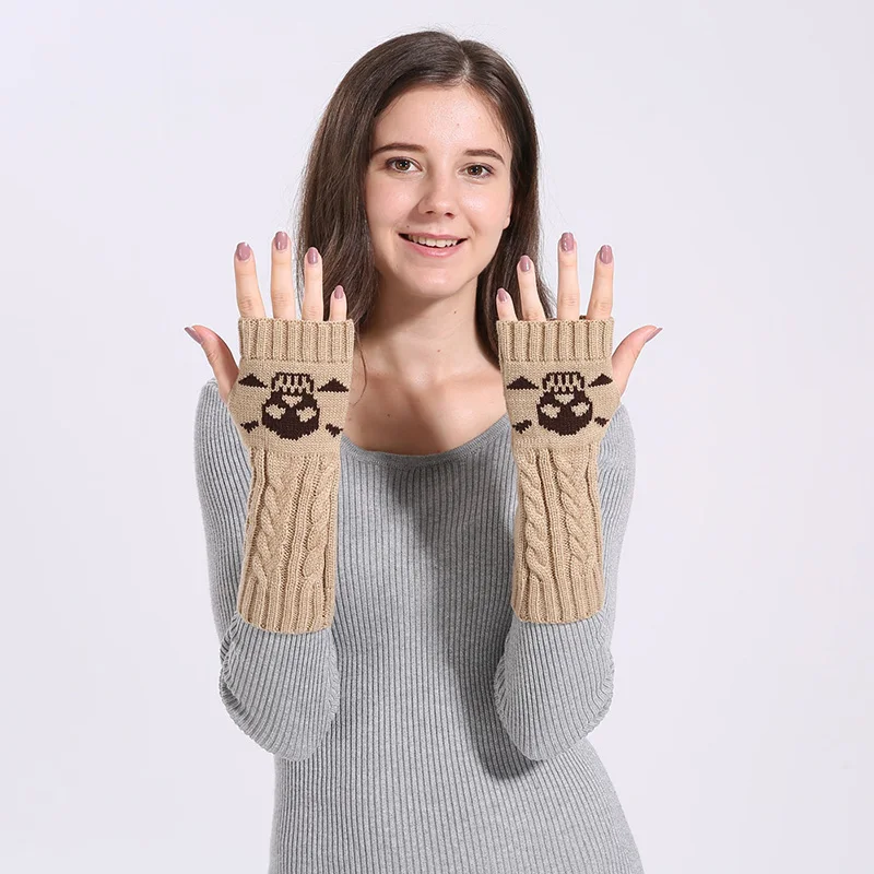 Зимние женские теплые милые рукавицы без пальцев с рисунком черепа из мультфильма, женские Акриловые эластичные вязаные гетры на половину пальцев C83