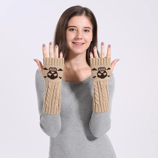 Winter Women Warm Cute Cartoon Skull Fingerless Sleeves Mittens Female Acrylic Stretch Knit Half Finger Arm Warmers Gloves C83 2