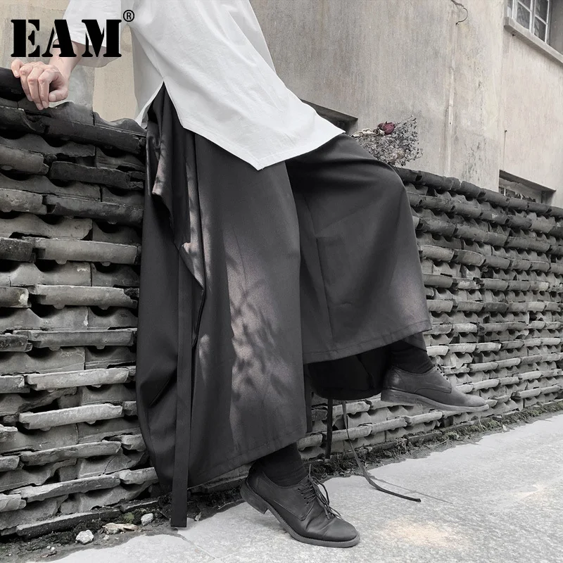 [EAM] Черные Брюки с высокой эластичной резинкой на талии, широкие брюки, длинные брюки, новинка, свободные брюки, женская мода, весна-осень, 19A-a633