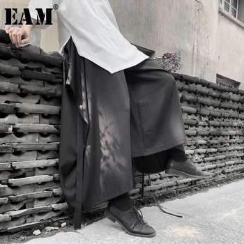 

[EAM] High Elastic Waist Black Bandage Wide Leg Long Trousers New Loose Fit Pants Women Fashion Tide Spring Autumn 2020 19A-a633