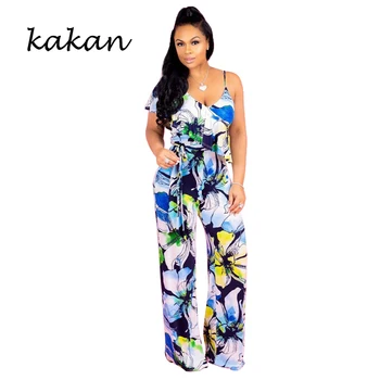 

KAKAN Summer new women's print jumpsuit sexy sling exquisite printed strapless loose jumpsuit blue pink jumpsuit