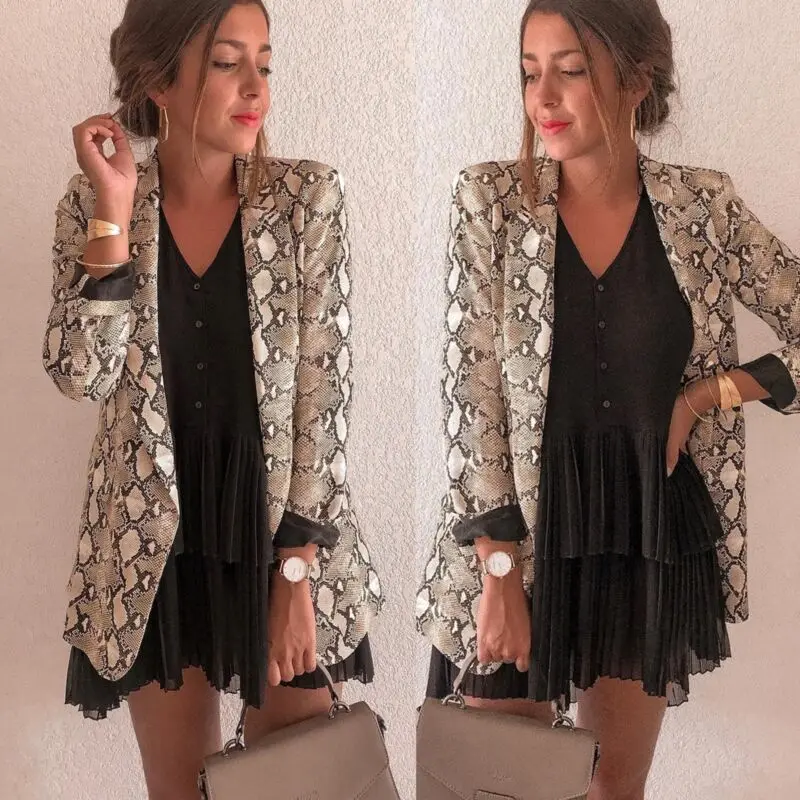 Retro Snake Print Suit Jacket Pocket, Notched Collar, Long Sleeve Jacket, Coat, Female, Retro, Loose,