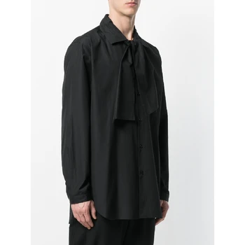 

New personality tide men's shirt hair stylist mid-length men's shirt scarf loose long sleeve autumn simple retro shirts