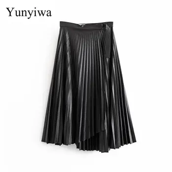 

New Women Belt Design PU Leather Irregular Hem Black Pleated Midi Skirt Faldas Mujer Ladies Vestidos Casual Brand Skirts