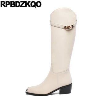 

women boots winter 2019 fur luxury beige shoes chunky square toe big size high heel block metal 10 knee genuine leather custom