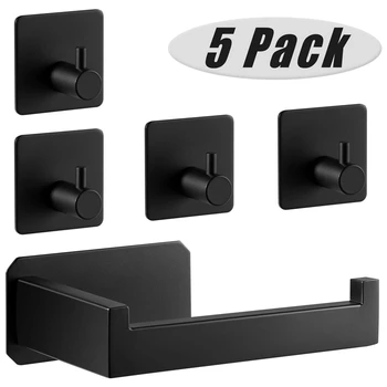 

Stainless Steel Toilet Paper Holder Toilet Paper Holder with 4 Self-Adhesive Towel Hooks for Bathroom and Kitchen Black