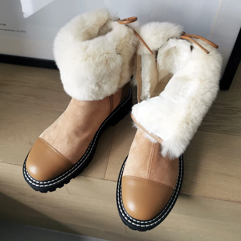 

Winter Shoes Women Warm Khaki Black Round Toe Thicken Lazy Rabbit Hair Side Zipper Snowboots Cowboy Boots for Women