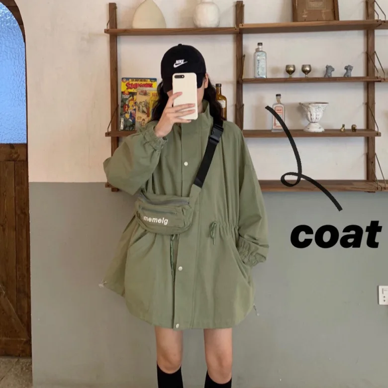 

Photo Shoot 2019 Most New Style Korean-style Loose-Fit Workwear Stand Collar Waist Hugging Trench Coat (with Bag)
