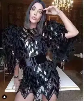 

2020 New women black sequined dress O-Neck sleeveless sexy bodycon celebrity evening party bandage dress