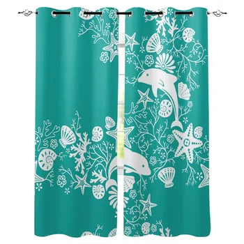 

Dolphin Starfish Shell Coral Window Curtains Living Room Kitchen Curtains for Bedroom Left and Right Biparting Open Curtains