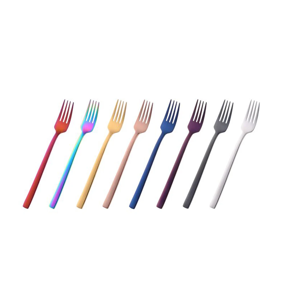 

8PCS Colorful Stainless Steel Long Handle Student Dinner Fork Child Gold Dessert Fruit Cake Fork Dinnerware Set For Home Party