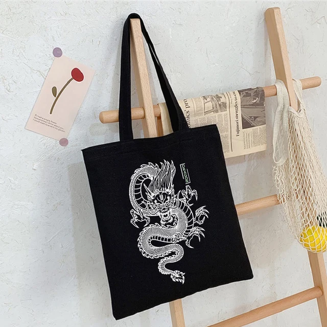 Dragon Printing Canvas Bag Shopper Bag Harajuku Large Capacity Punk Gothic Style Women Bags Classic Vintage Shoulder Bag Handbag T315W-Black