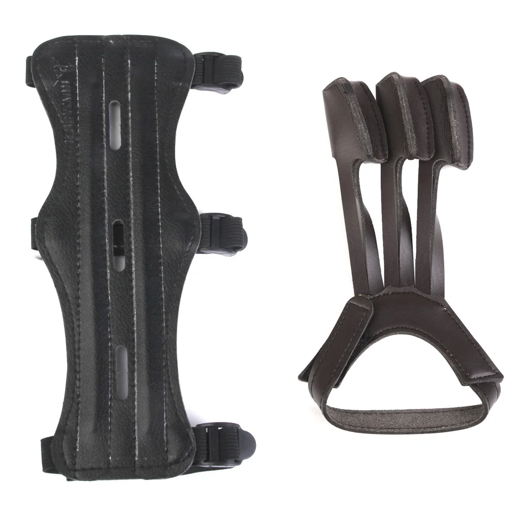 Archery Adjustable Elastic 3-Straps Artificial Leather Arm Guard & 3-fingers Protection Glove