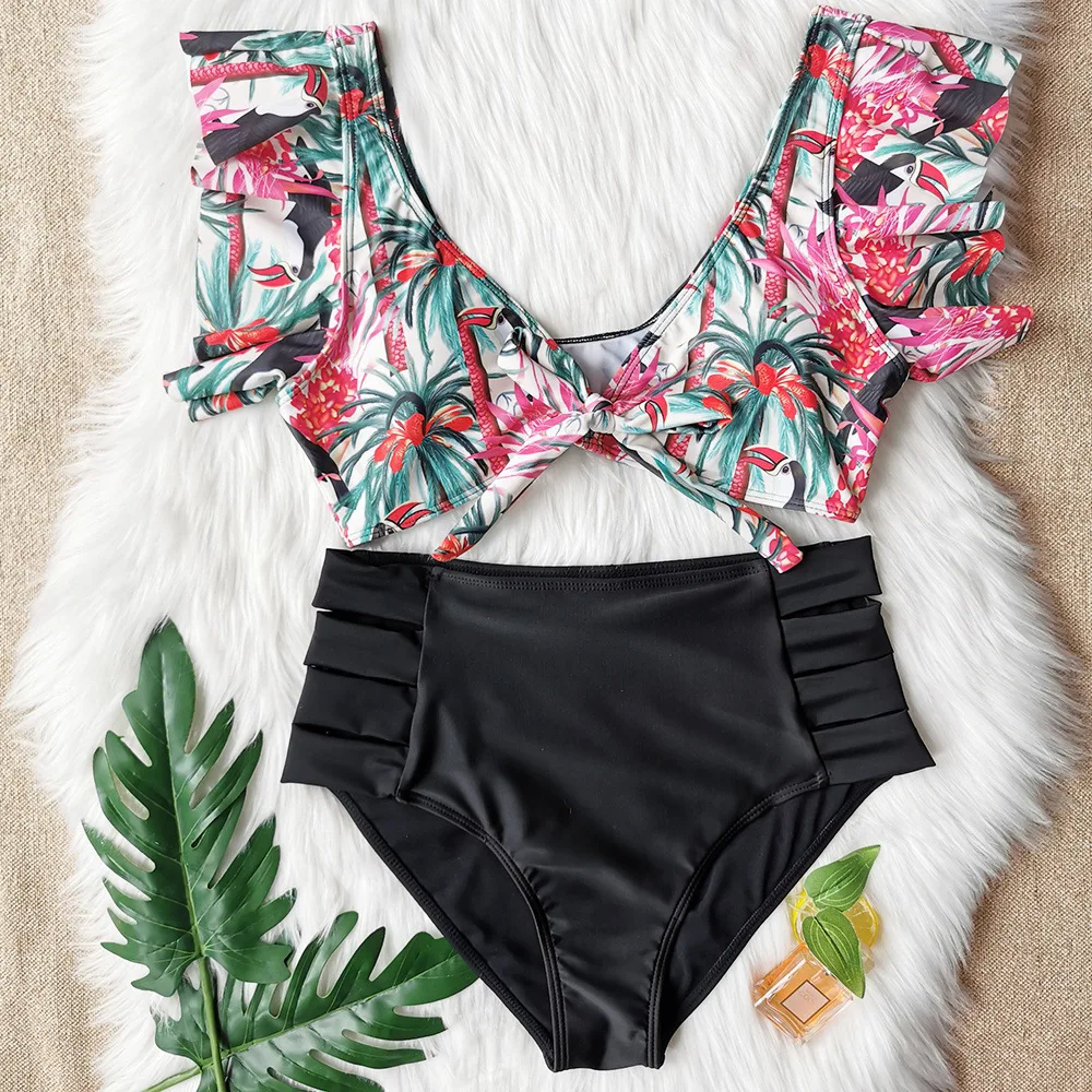 

HOT! New Ruffled Bikini Two-piece Swimsuits High Waist Hot 8-color Street Nightclub Fashion European and American Sexy Floral