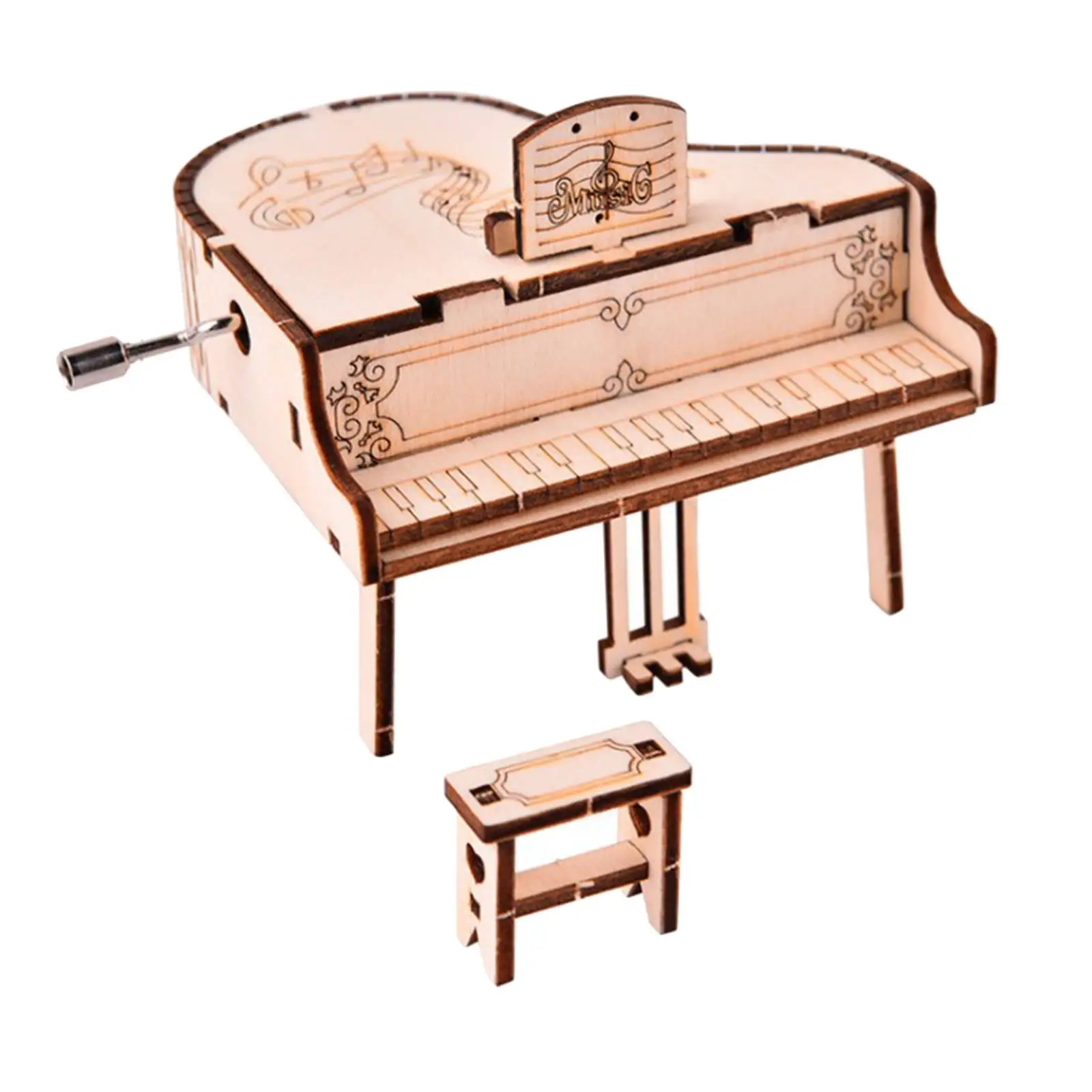3D Wooden Piano Kit Handmade Hand Crank Carved Wood Music Box Puzzle