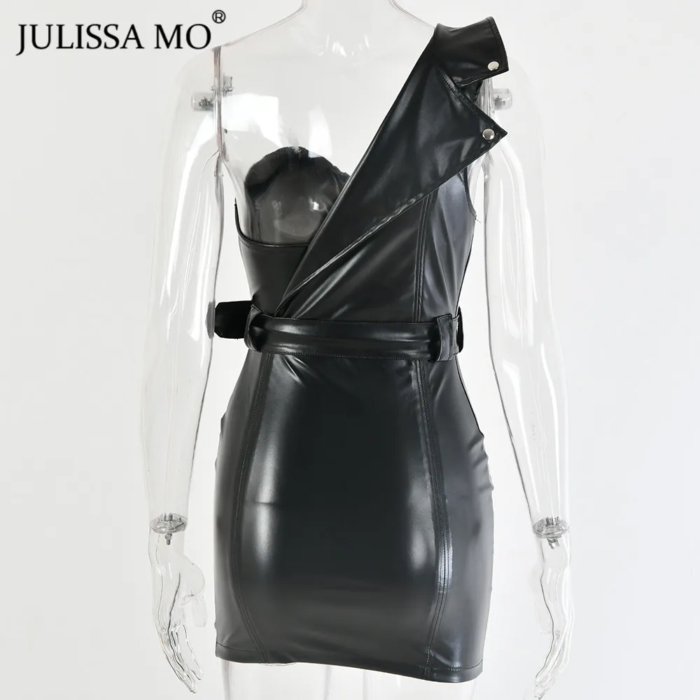 JULISSA MO Black Faur Leather PU Dress Women Sexy One Shoulder Bodycon Dress Autumn Fashion Belts MotoBiker Party Dresses Short