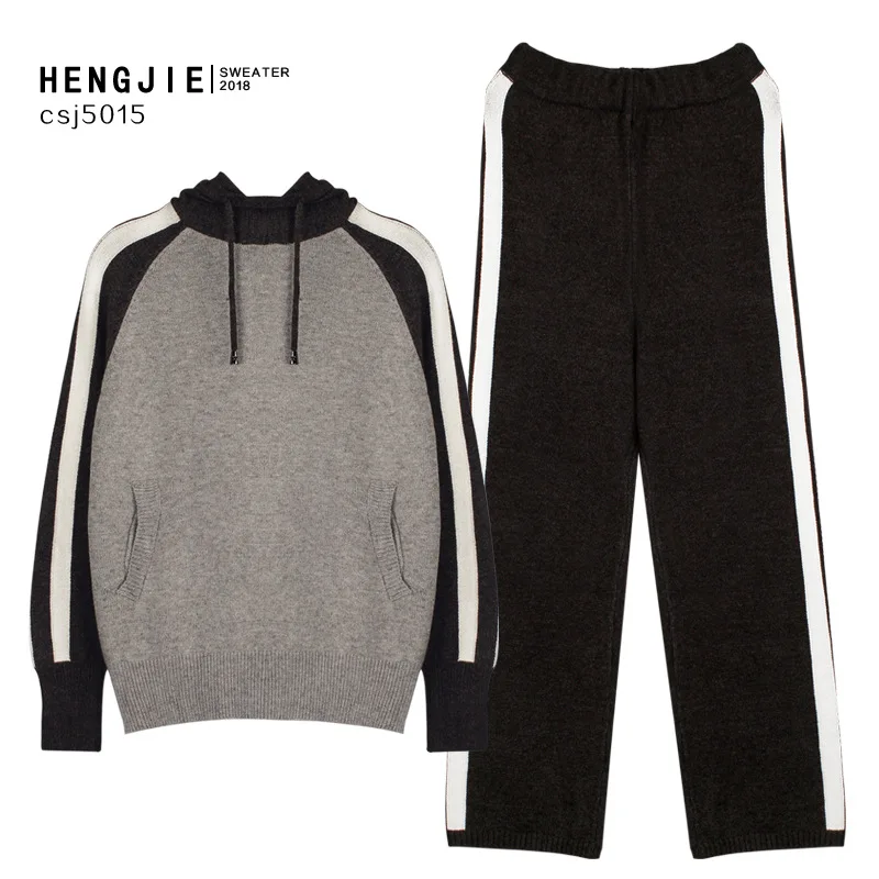 

2019 Autumn And Winter WOMEN'S Dress New Products Small Fragrant Ventilation Network Red Set Hooded Knit Loose Pants Long Sleeve