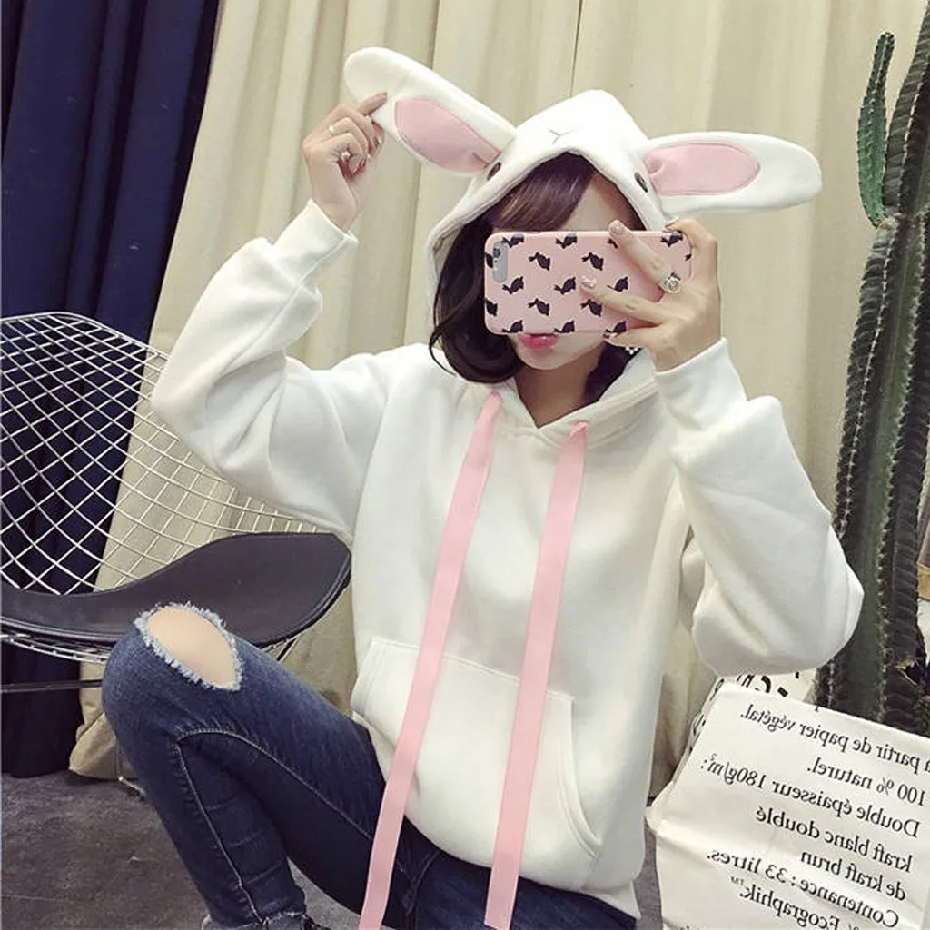 Стильный бар Harajuku Kawaii толстовки для женщин топ милый кролик уха Толстовка Женский негабаритный пуловер с капюшоном модная уличная