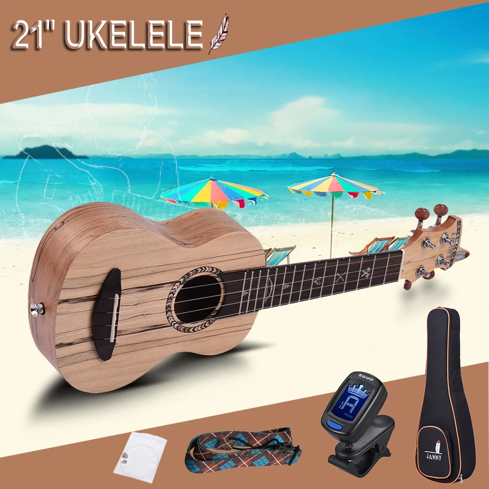 

21" Acoustic Wooden Soprano Ukulele Ukelele Uke Spalted Maple Wood Carbon String with Padded Bag Strings Strap Clip-on Tuner