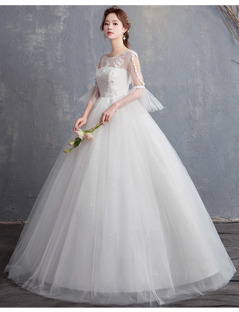 Vestido De Noiva/2019, платье с круглым вырезом и коротким рукавом, свадебное платье, бальное платье без бретелек, кружевное элегантное женское