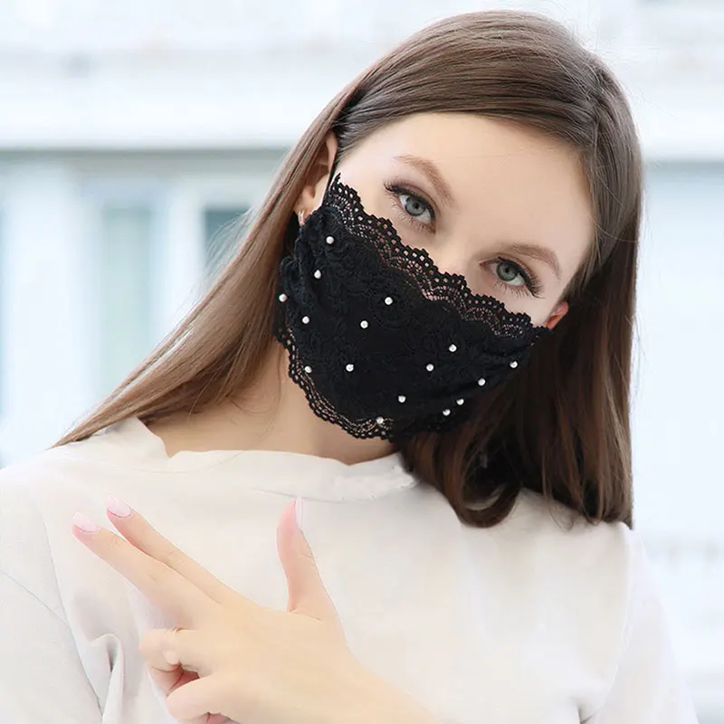 Breathable Washable Fabric Mask with Peal Ladies Black Flower Lace