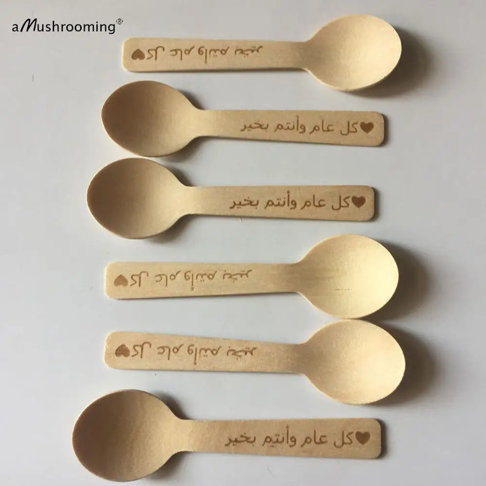 Mini round Spoons Wood Bridal Shower Wedding Favors Engraved Wooden MINI Spoon Personalized Desert Spoon Ice Cream Spoons 100