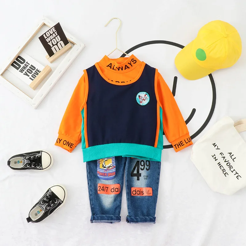 

Korean-style 2020 Spring And Autumn Children Baby English Lettered Contrast Color Vest Waistcoat Hoodie Jeans Three-piece Set