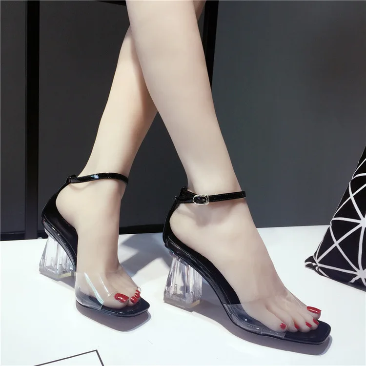 

2018 Summer New Style Transparent High-heeled Sandals Fish Mouth-A-line with Peep Toe Chunky Heel Crystal High Heel Shoes WOMEN'