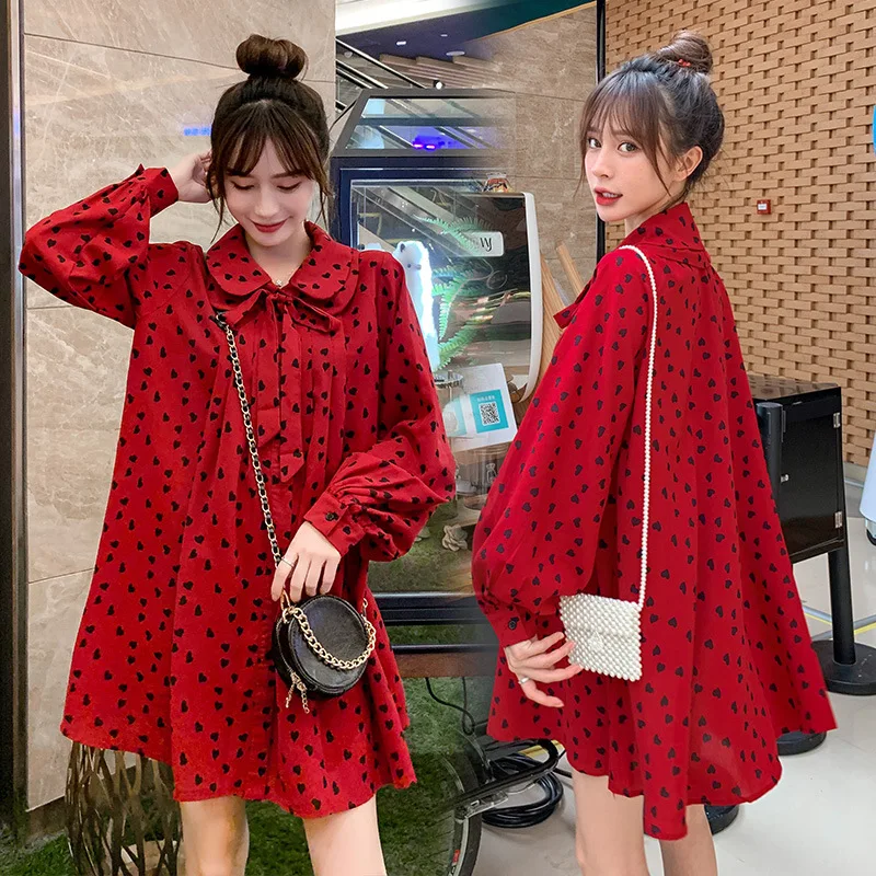 

Maternity Clothes 2019 Spring And Autumn Dress New Style Korean-style Mid-length Tops Loose-Fit Peter Pan Collar Chiffon Skirt F