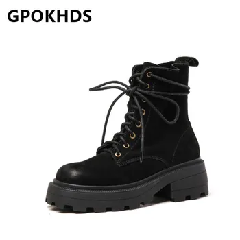 

GPOKHDS 2021 women Ankle boots Cow leather Winter short plush Round Toe Lace-Up High heels female Riding boots size 39